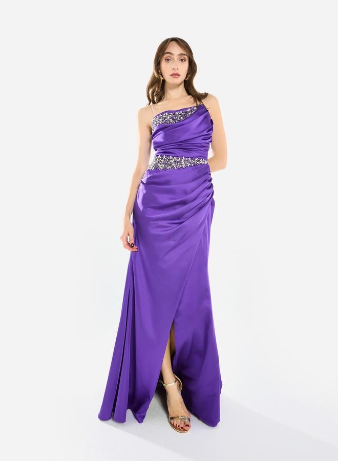 House of Moda Women Embellished Draped Satin Slit Gown Maxi Dress - Image 1